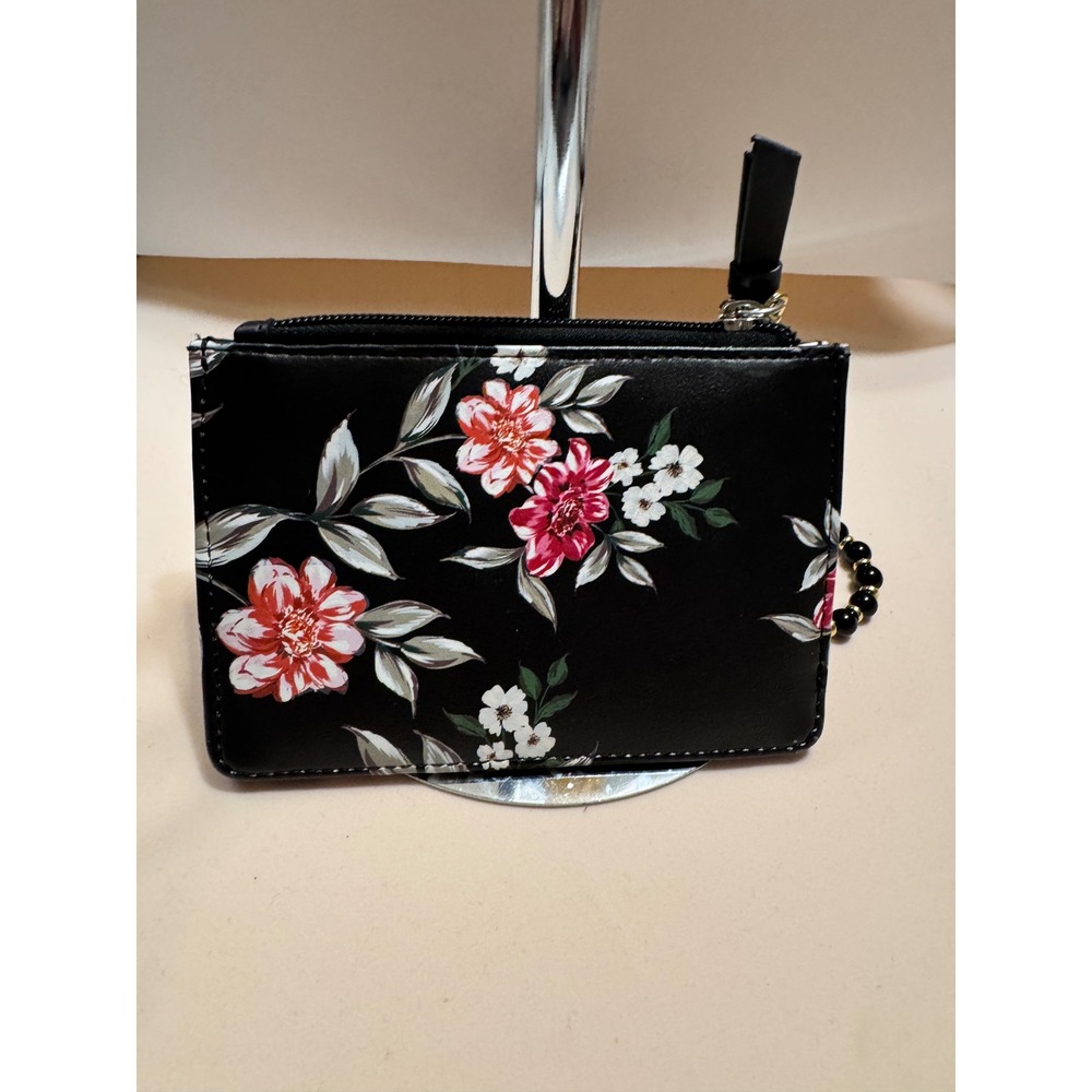 Nine West Floral Wristlet Wallet Black Faux Leather Beaded Strap - Picture 3 of 5